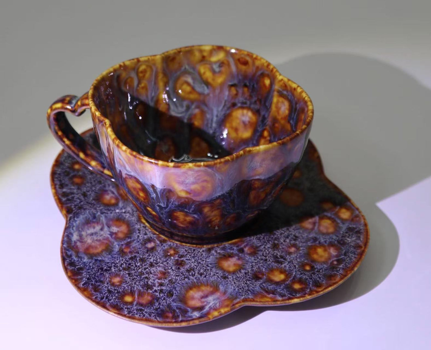 Flou • Handmade Clover Ceramic Cup & Saucer Set • Artisan Glaze • Vintage-Style Stoneware Coffee Cup • Sculptural Pottery