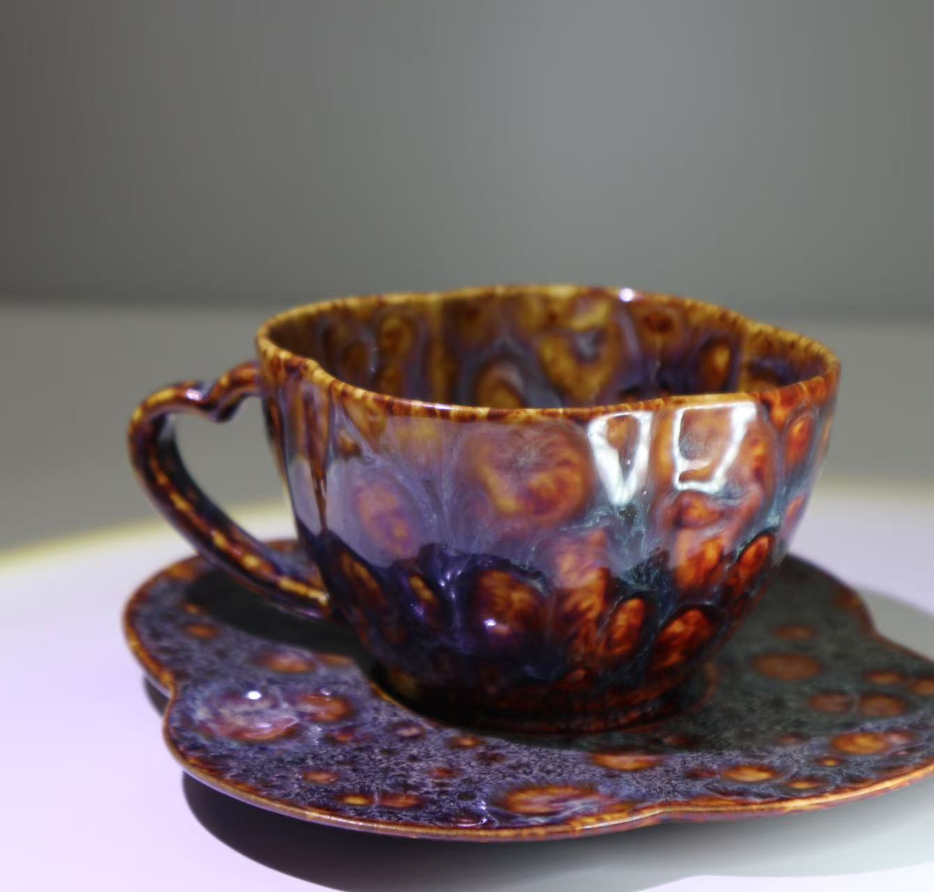 Flou • Handmade Clover Ceramic Cup & Saucer Set • Artisan Glaze • Vintage-Style Stoneware Coffee Cup • Sculptural Pottery
