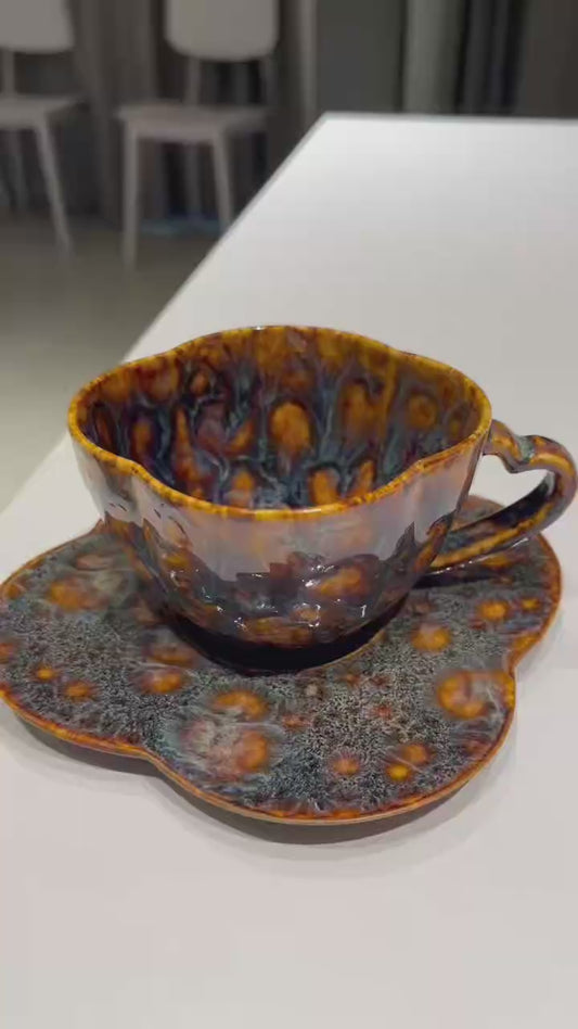 Flou • Handmade Clover Ceramic Cup & Saucer Set • Artisan Glaze • Vintage-Style Stoneware Coffee Cup • Sculptural Pottery