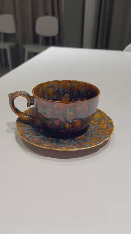 Flou • Handcrafted Ceramic • Mug Saucer Set – Unique Glaze • Artisan Stoneware • Vintage-Style Stoneware Coffee Cup • Sculptural Pottery